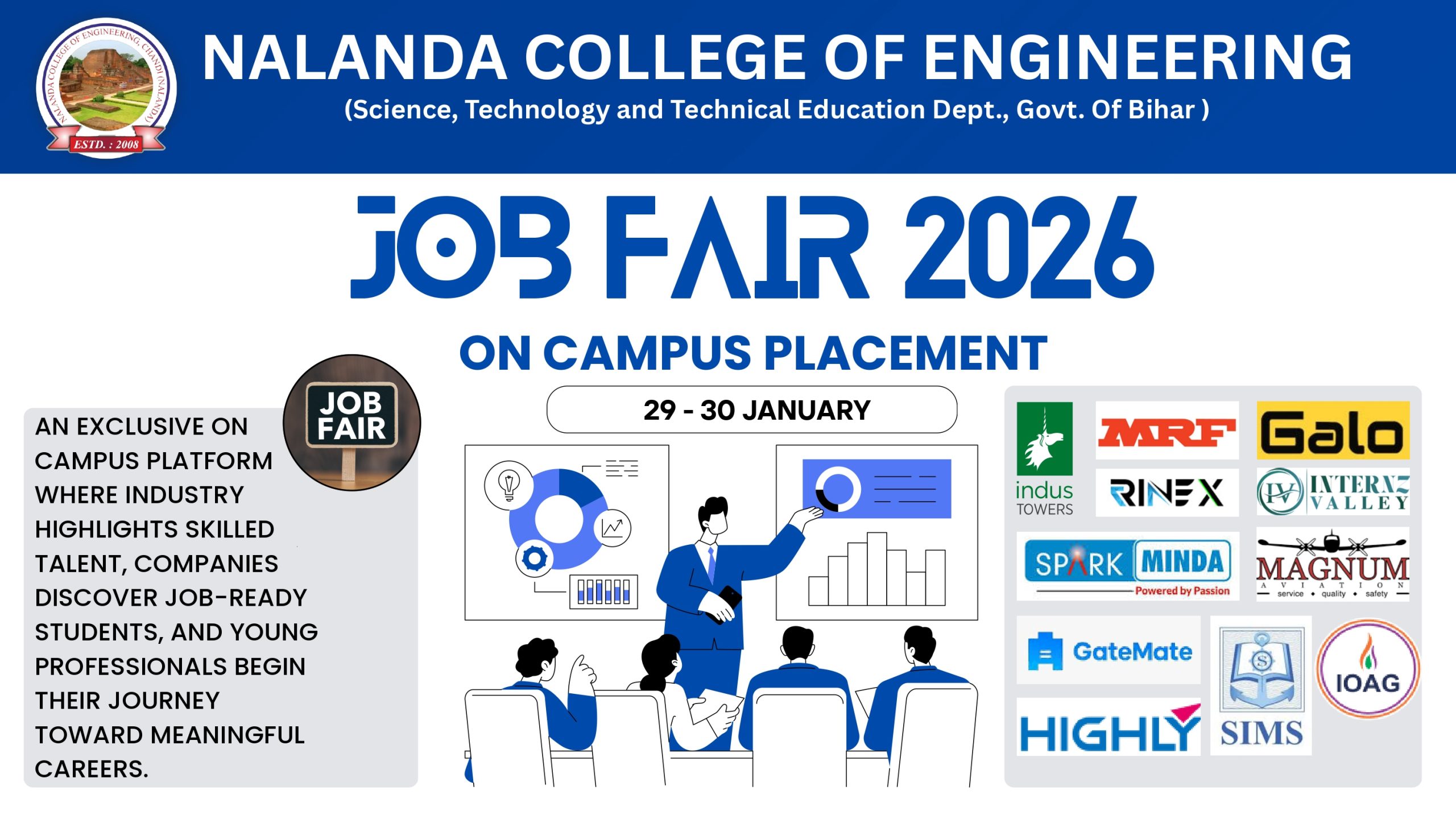 JOB FAIR 2026 (Nalanda College of Engineering, Chandi is organizing Job Fair 2026 on 29–30 January 2026 with participation of reputed companies in online & offline mode.)